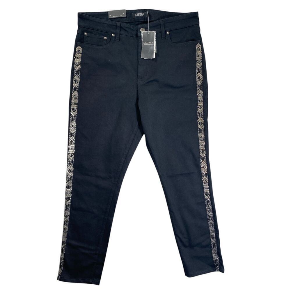 Lauren Ralph Lauren Black High-Rise Skinny Ankle Jeans Size 14  $195 Beaded Sid